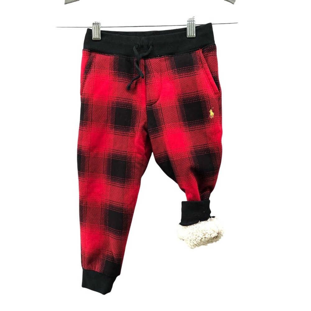 Polo Ralph Lauren Boys 3T Sherpa Lined Jogger Pants Red Black Buffalo Plaid